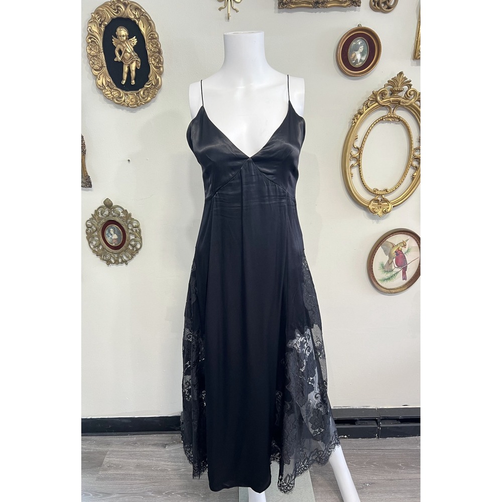 Mr. Larkin Black Silk Satin Lace Inset Slip Maxi Dress Size XS Flaws